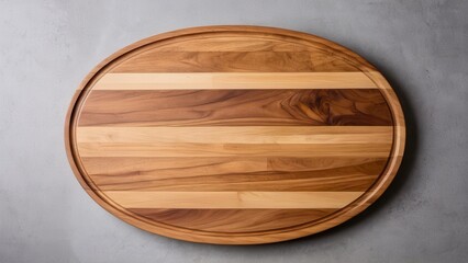 Modern oval wooden cutting board mockup with striped light and dark wood sections and smooth edges, ideal for chopping and food prep