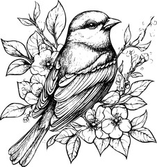 Bird perched on blooming branch, detailed ink drawing.
