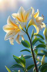 Obraz premium A stunning close-up of beautiful Alstroemerias flowers bathed in gentle morning light. Created with generative AI 