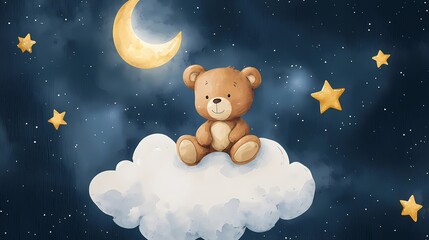 Fototapeta premium Watercolor valentine with cute animal. A cute teddy bear sits on a cloud under a night sky filled with stars and a crescent moon.