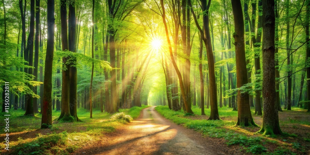 Aufkleber sunlit path through a lush green forest with rays of sunlight illuminating the trees and undergrowth