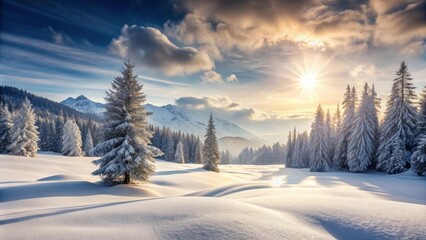 Serene Winter Sunrise in a Snow Covered Mountain Forest