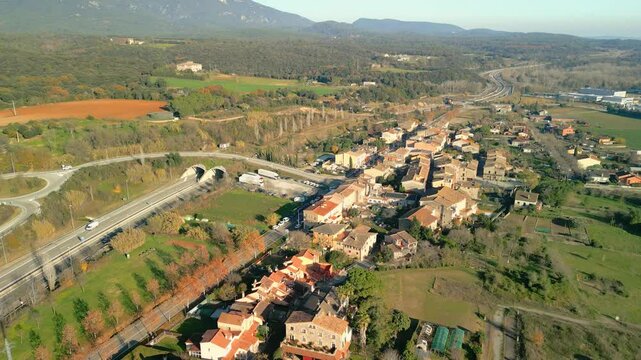 Aerial images of Argelaguer, a small village between mountains in the Garrotxa area in Girona spain