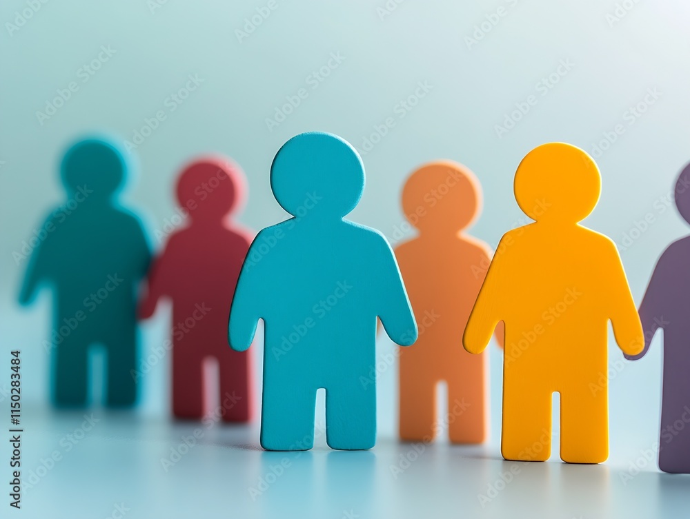 Poster multicolored paper figures in a lineup symbolizing diversity and teamwork in modern organizations : 