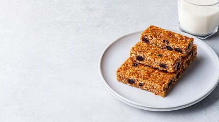 Quinoa grains inspire healthy recipes. Delicious granola bars served with a glass of milk.
