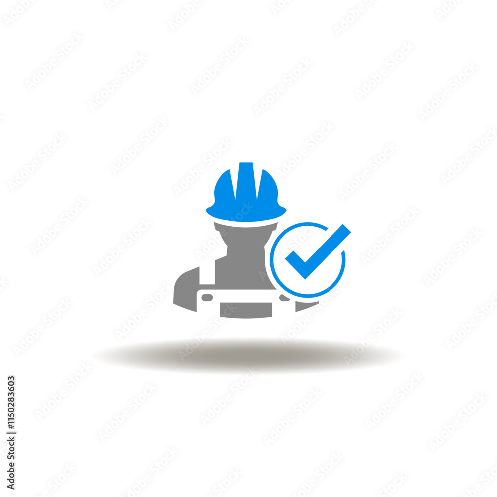 Poster vector illustration of worker or engineer in hard helmet with check mark. symbol of osha safety and 