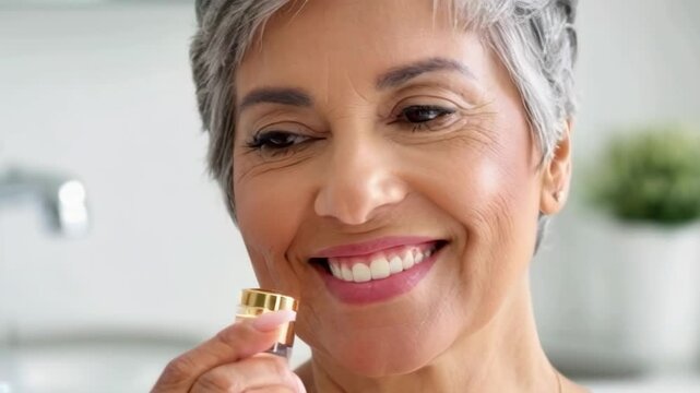 Senior woman enjoys skincare routine while applying moisturizer in bright bathroom setting with natural light
