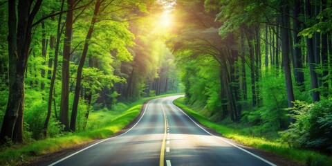 Obraz premium Scenic asphalt road winding through a vibrant green forest with sunlight streaming through the trees