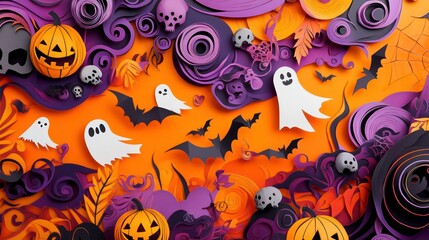 Halloween-themed social media banner with paper-cut pumpkins, ghosts, bats, skulls, and spider webs on a vibrant orange and purple background