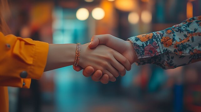 A handshake scene focusing on the clasped hands, with the model’s bracelet and the photographer’s light meter peeking into the frame. - Powered by Adobe