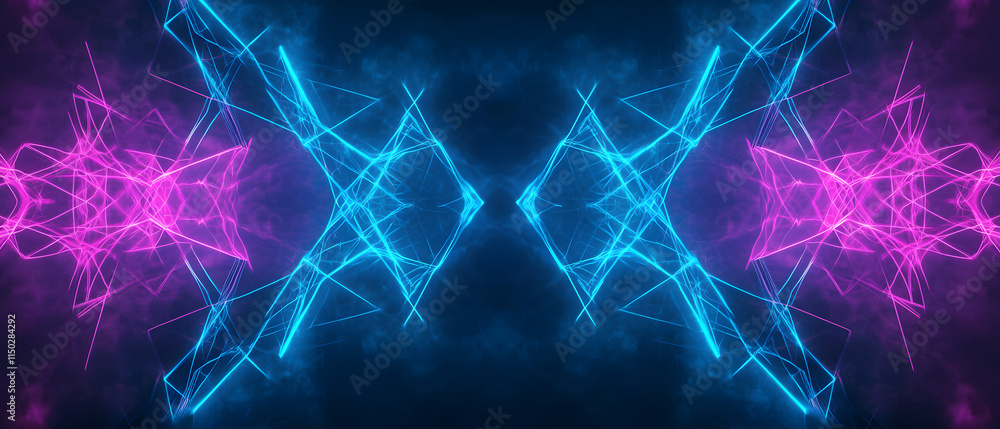 Poster dynamic neon light patterns digital art abstract futuristic symmetrical visual impact technology ins
