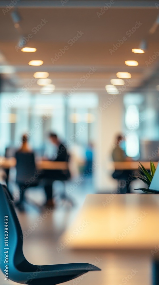 Poster workplace setting with blurred figures engaged in discussion during a collaborative meeting at a mod