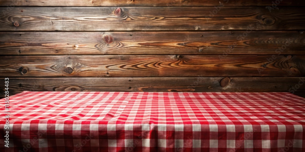 Poster rustic wooden background with red and white checkered tablecloth ready for product placement