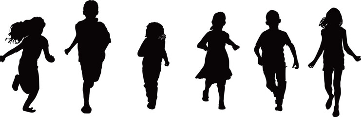 Silhouette of six children running a race on white background,Vector illustration