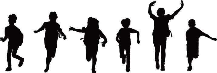 Silhouette of six children running a race on white background,Vector illustration