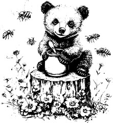 Cute bear cub enjoying honey pot, surrounded by bees and wildflowers.