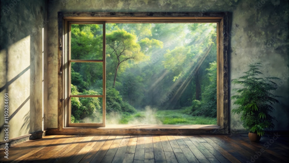 Aufkleber serene forest vista through rustic window in tranquil room