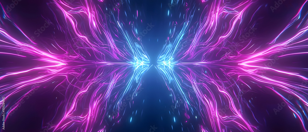 Poster dynamic electric pulses abstract digital space visual art neon color scheme symmetrical design energ