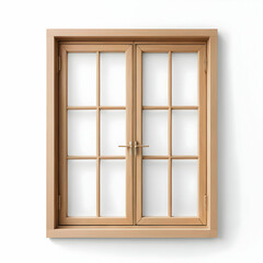 Fototapeta premium A light brown wooden doublehung window is shown against a white background. It features multiple panes with a grid design and metallic handles.