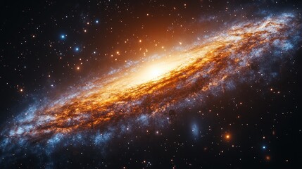 Obraz premium Spiral galaxy, orange and blue hues, cosmic dust.
