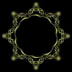 Round golden frame decorated with a beautiful floral pattern on a black background