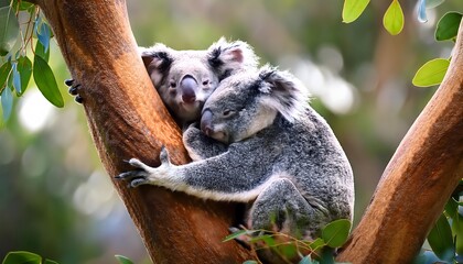 Fototapeta premium Adorable Koala Bears Hugging on Eucalyptus Tree in Australia