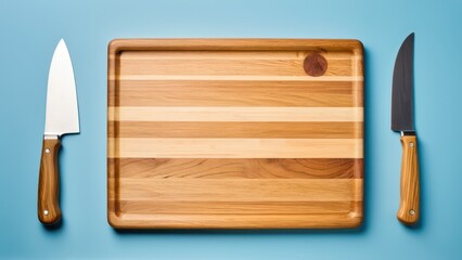 Rectangular wooden cutting board with alternating light and dark wood stripes and a handle hole, placed on a pastel blue background.