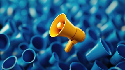 Yellow colored megaphone standing out from the crowd of blue - communication or speak-up illustration concept