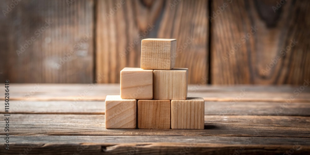 Poster wooden blocks stacked in a pyramid shape on a rustic wooden surface