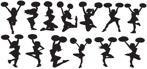 set of cheerleader silhouettes. girls dancing, holding pompoms with various different style, pose, vector