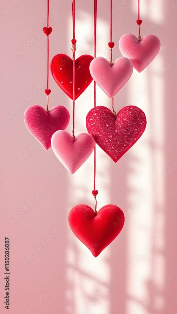 Poster seven plush hearts of varying shades of red and pink hang from strings against a soft pink backgroun