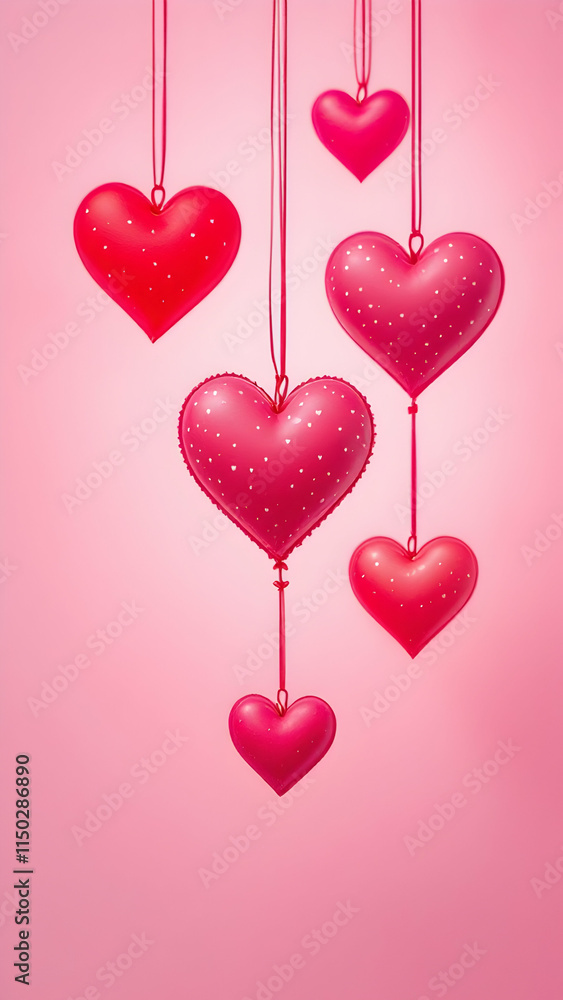 Poster five red hearts of varying sizes hang from strings against a pink backdrop. some hearts feature subt
