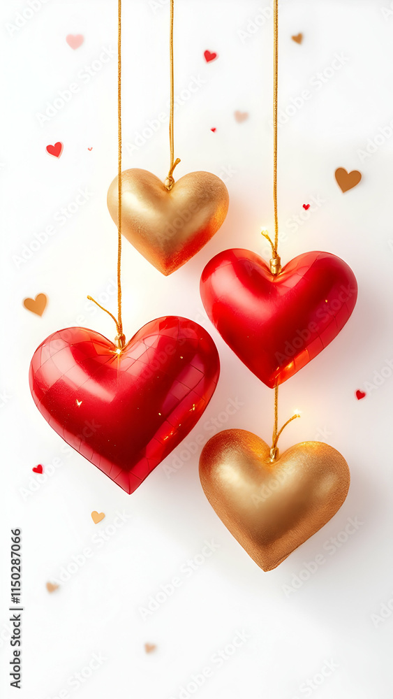 Poster four heartshaped ornaments, two red and two gold, hang from strings against a white background with 