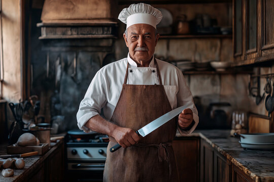 Portrait of an elderly master chef holding a knife and standing proudly in a vintage kitchen.