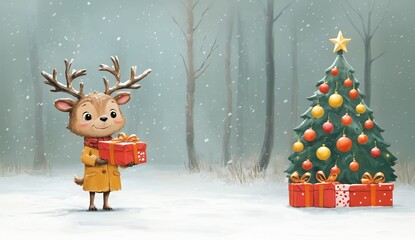 Cute deer stands against a snowy forest background. In his hands is a bright red gift, next to a Christmas tree.For winter holidays, Christmas and New Year. For postcards,poster, calendar, banner 