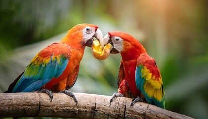 Obraz premium Colorful Macaws Sharing Fruit on Branch Wildlife Nature Birds