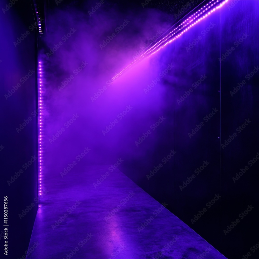 Poster mysterious corridor with purple lighting and fog creating an atmospheric effect in an indoor setting