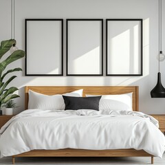 Modern Bedroom With a Stylish Wooden Bed, Minimalist Decor, and Elegant Wall Art Featuring Three Empty Frames