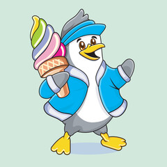 Penguin mascot holding rainbow ice cream