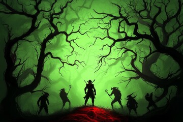 A magical forest with an elf warrior protecting a group of gnomes as shadowy creatures emerge from the trees