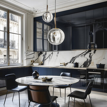 Cuisine minimaliste avec table en marbre et mobilier bleu laqu&eacute;.
