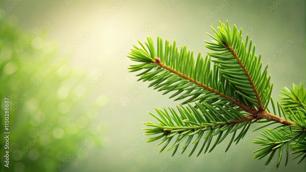 Poster vibrant evergreen branch with lush green needles against a soft bokeh background