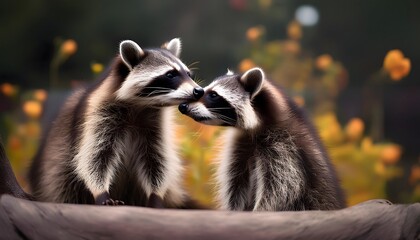 Obraz premium Adorable Raccoon Couple Wildlife Nature Animals Close up Outdoors Furry Cute Mammals Wild Animals