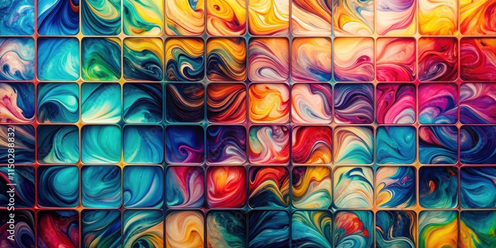 Poster Abstract Colorful Swirl Pattern in a Grid of Tiles Representing Vibrant Hues and Dynamic Flows