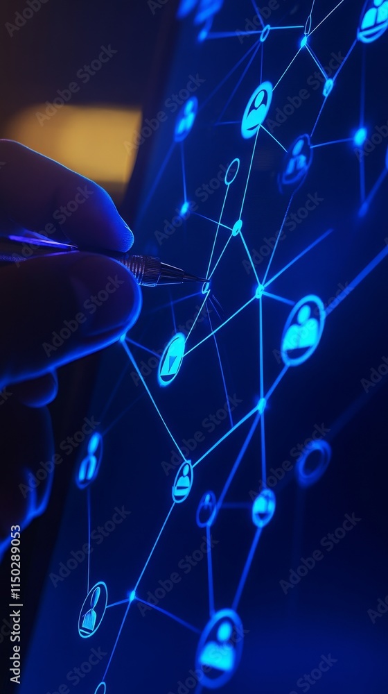 Poster digital connection concept showcasing hand interacting with glowing network nodes on a dark backgrou