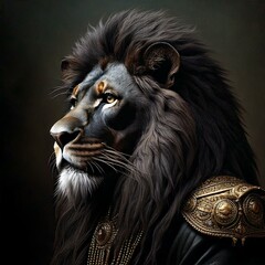 Naklejka premium close-up photo of black lion king in battle armor. generate AI