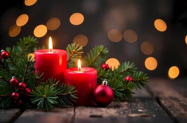 Christmas candles and Christmas tree on bokeh background with twinkling lights. A festive Christmas card. 