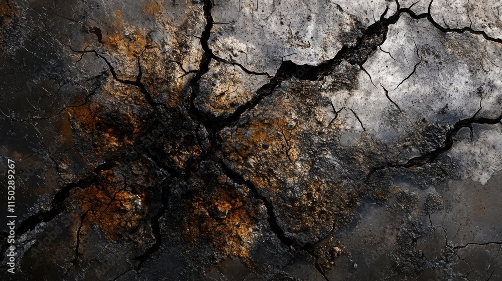 Poster detailed close-up of abstract cracked surface with textured patterns and color variations showcasing