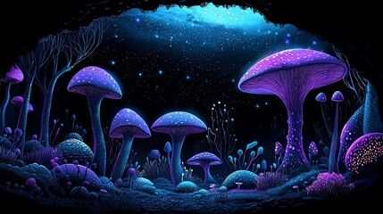Glowing mushrooms in a magical forest at night.