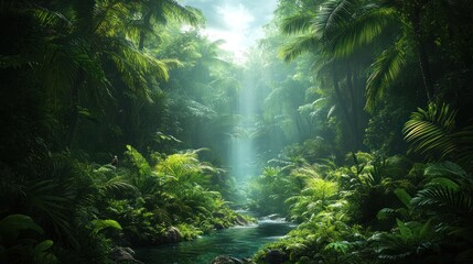 Obraz premium Lush jungle stream, sunlight through canopy.